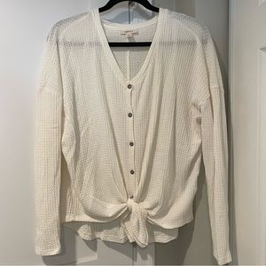 Style & Co tie waist waffle knit long sleeve shirt size L in cream
